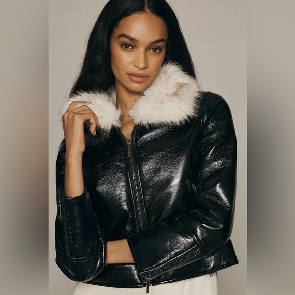 NWT Unreal Fur Wet Look Faux Patent Leather Aviator Jacket